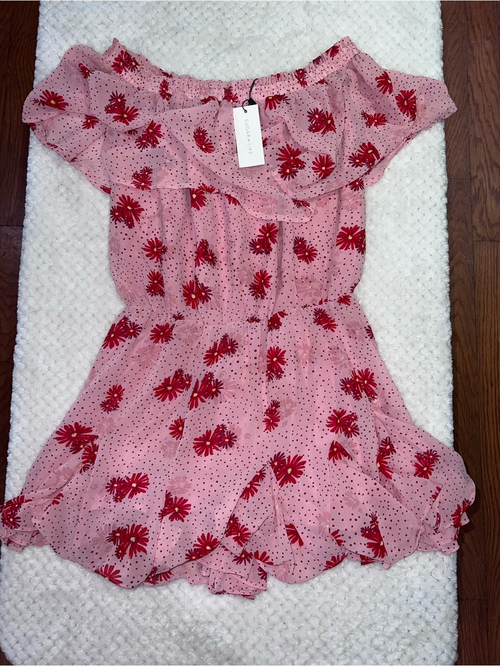 Girls' Pink Off-Shoulder Floral Rhomper - Red Flower Print XS